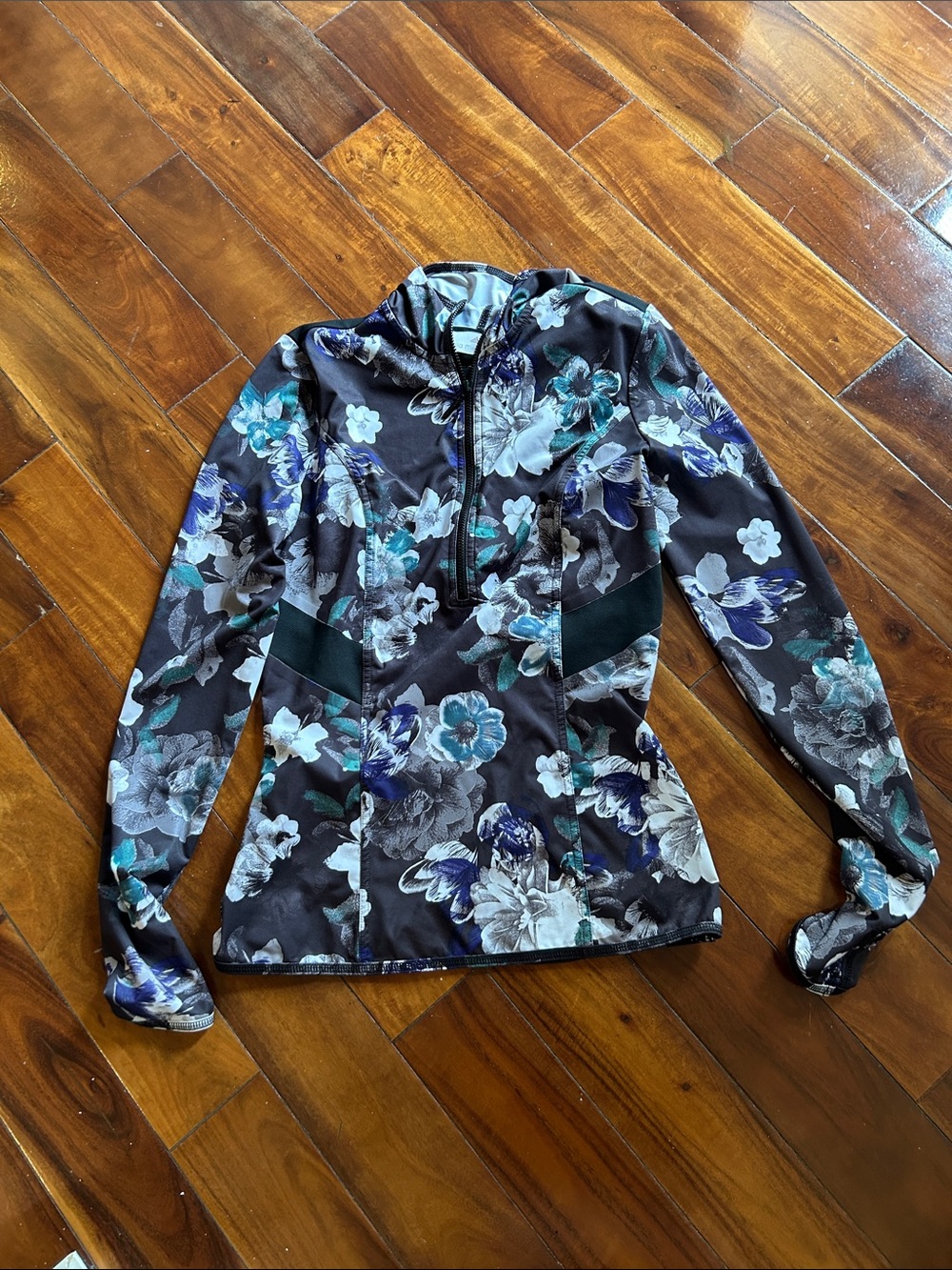 Stella McCartney Black Floral Half-Zip Jacket with Teal & Gray Accents